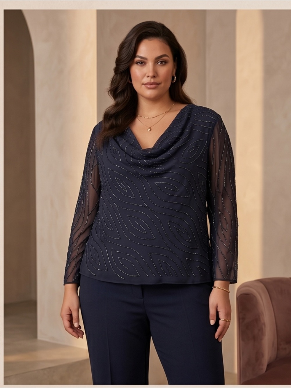 NWT Chic Navy Women's Blouse with Draped Neckline